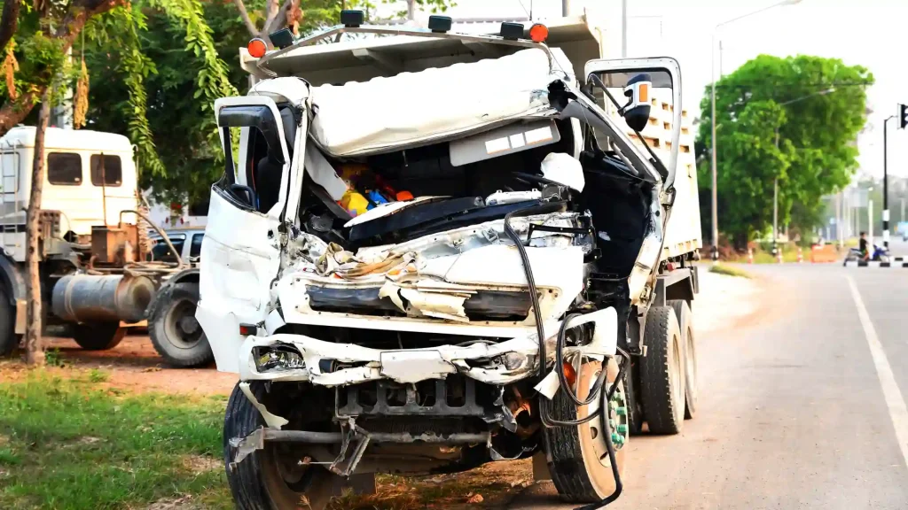 A heavily damaged white truck with a crushed front end after a severe collision.