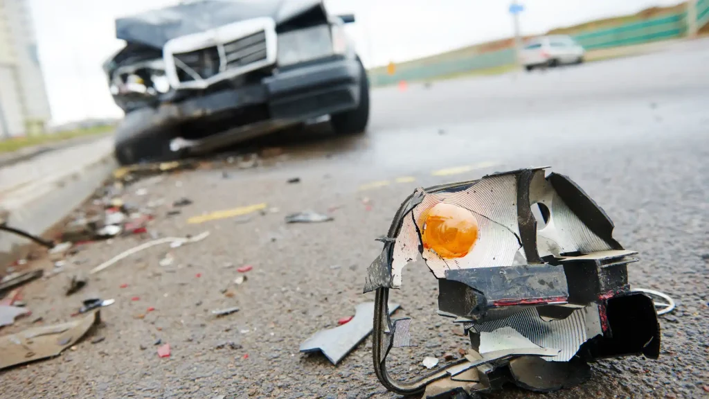 Close-up of broken car parts on the road with a damaged vehicle in the background.