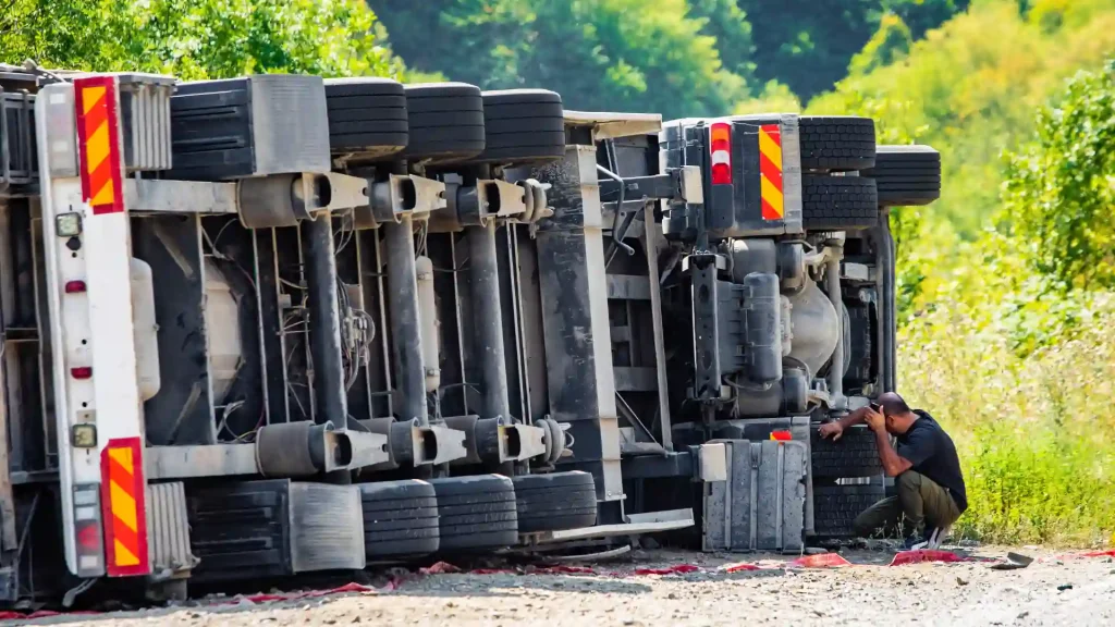 A large truck that has overturned on its side, with its wheels exposed, lying off the road.
