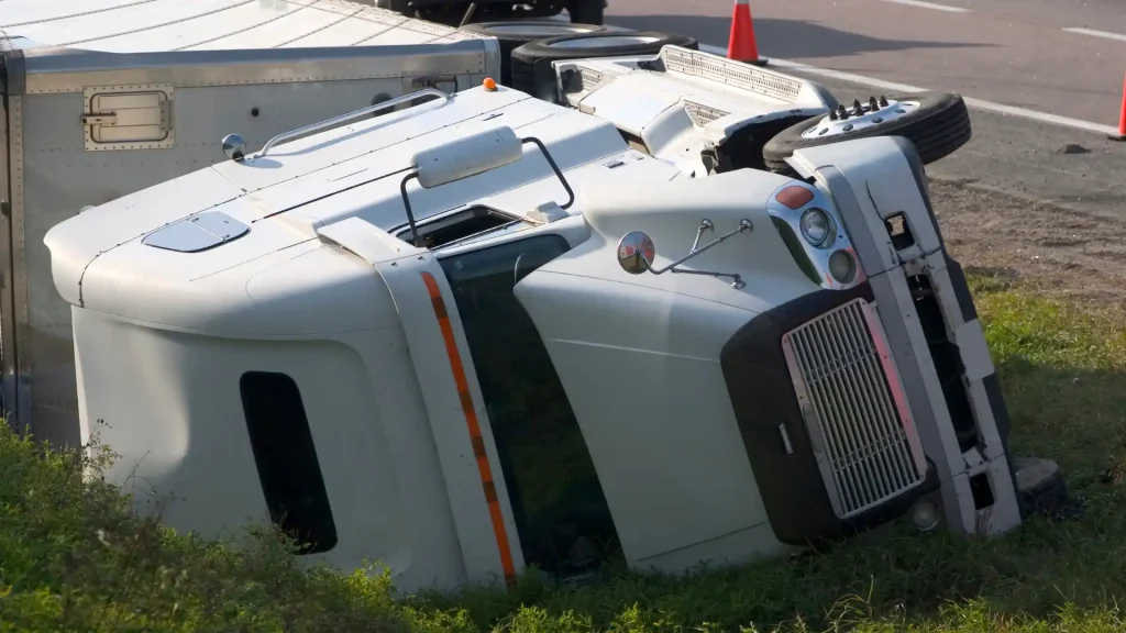 Overturned semi-truck lying on roadside