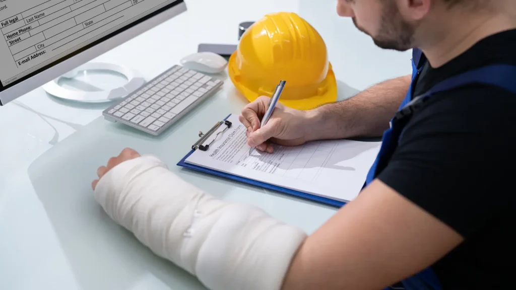 Injured worker with arm cast filling out form near hard hat