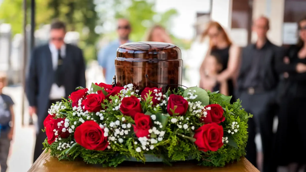 Funeral urn with red rose flower arrangement and mourners in background